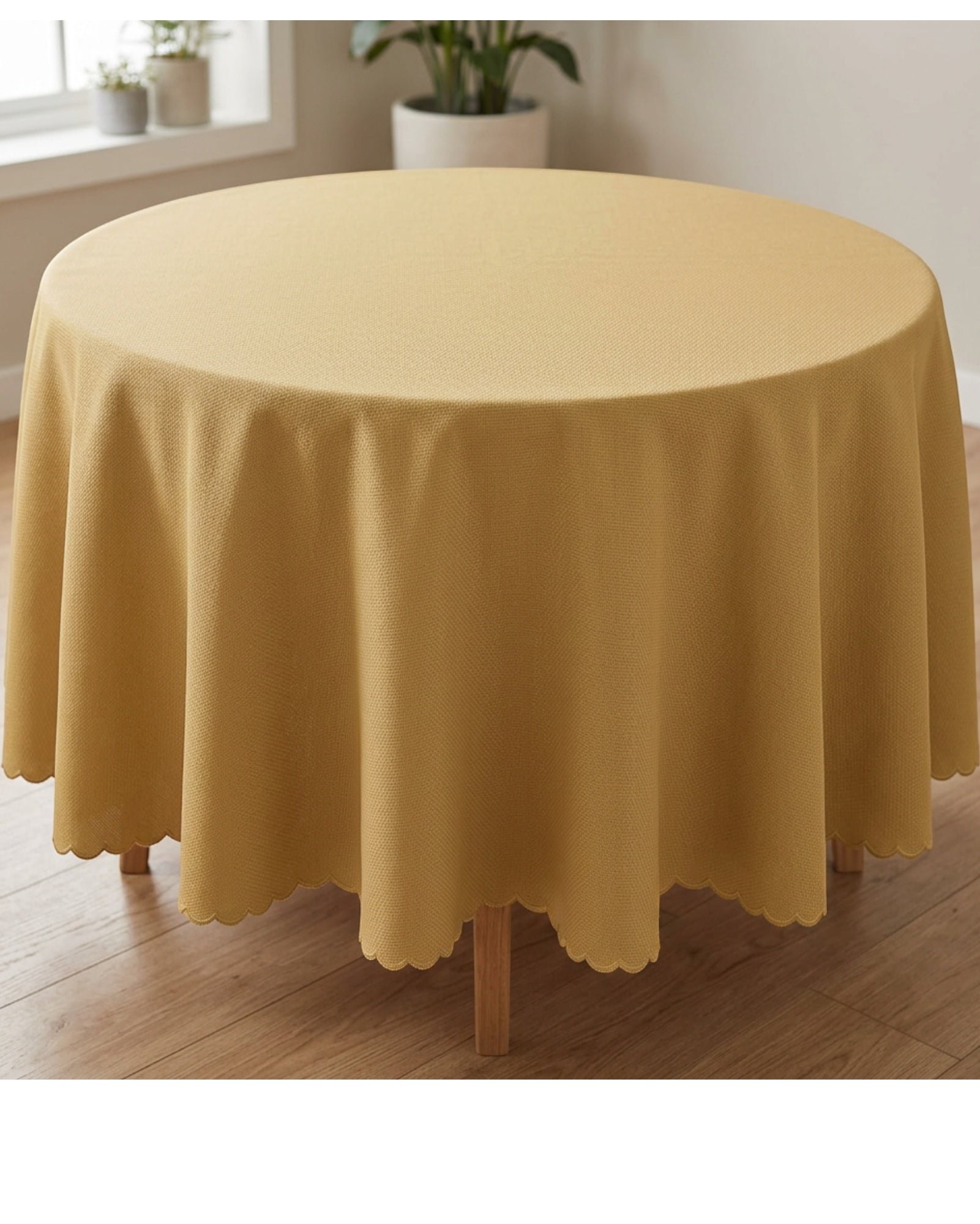 Wildpad Basket Weave Round Tablecloth 200 cm Muted Gold Scalloped Edge - Lifestyle view